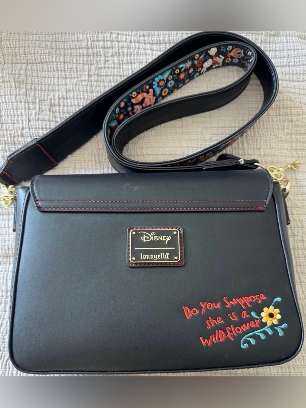 Loungefly Alice in Wonderland Black Leather Crossbody with Colorful Floral Strap - Picture 3 of 6